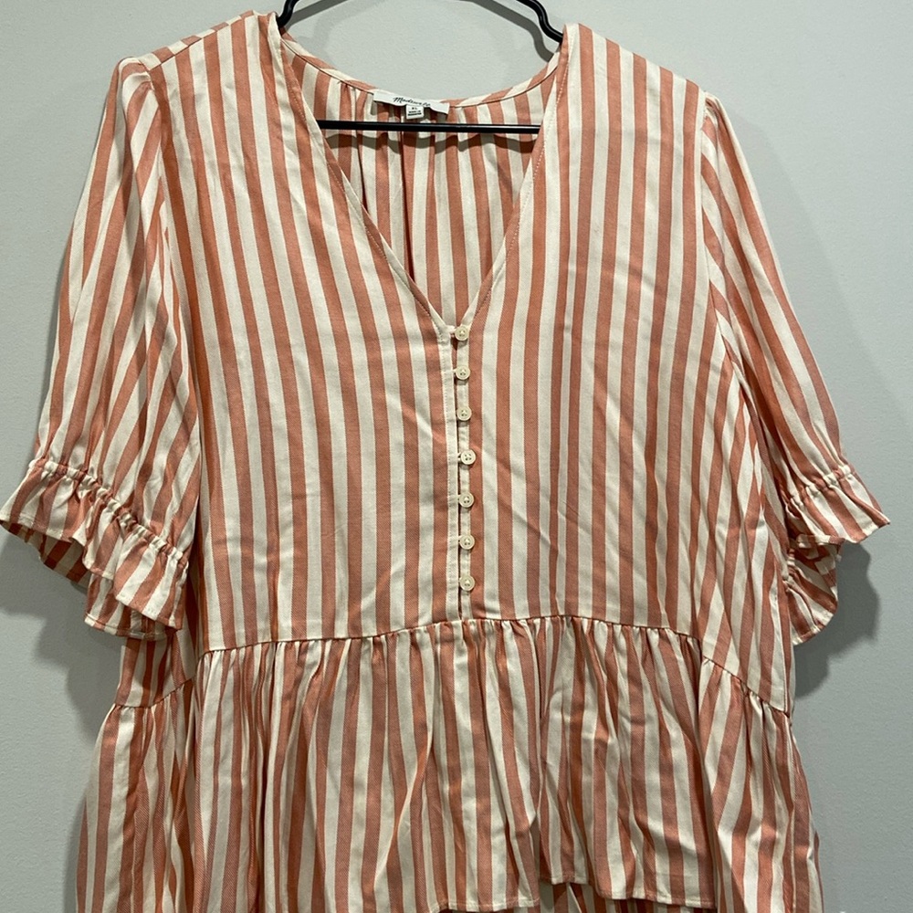 Striped V-Neck Blouse - Pink and White
